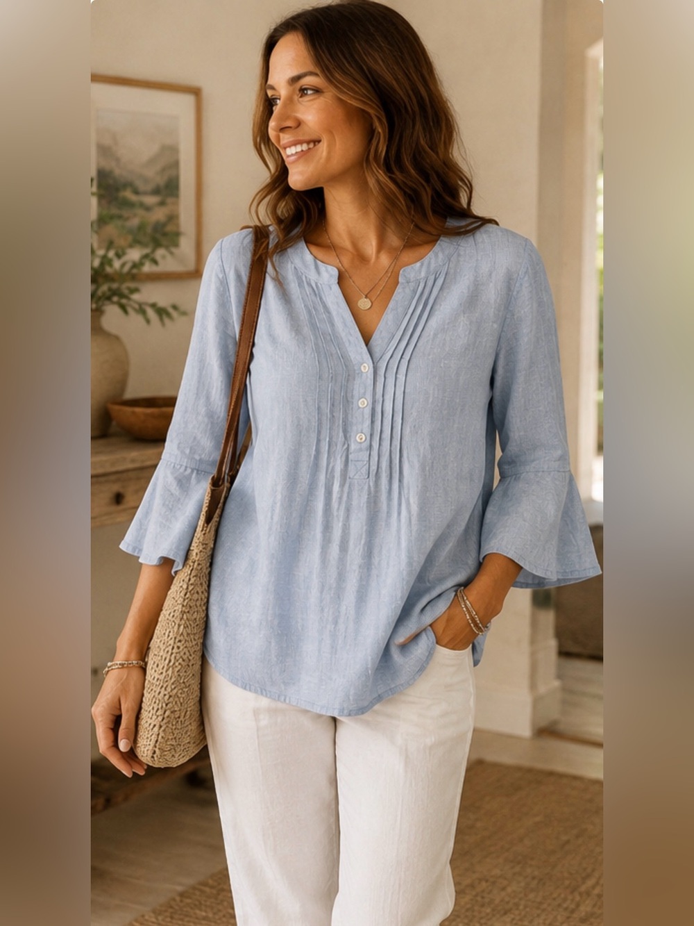 Soft Surroundings Light Blue Pintuck V-Neck Bell‎ Sleeve Tunic